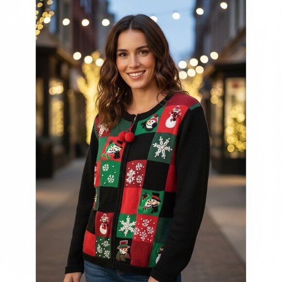 Victoria Jones Sweaters - Victoria Jones Women's Red & Black Zipper Snowman Christmas Sweater